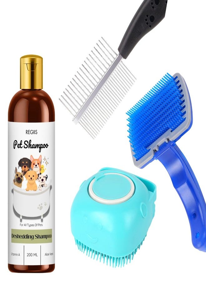 REGIIS Pet Grooming Kit with Deshedding Shampoo, Metal Comb, Self-Cleaning Slicker Brush, Silicone Massage Brush, 200ml(PACK OF 4) - Image 1